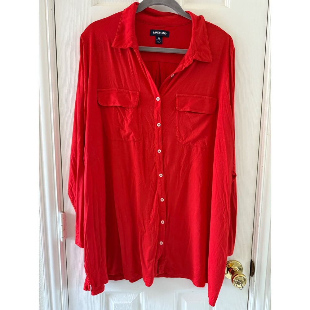 Lands' End 3X Red Knit Button‎ Front Tunic Top Long Sleeve Rayon Stretch Plus